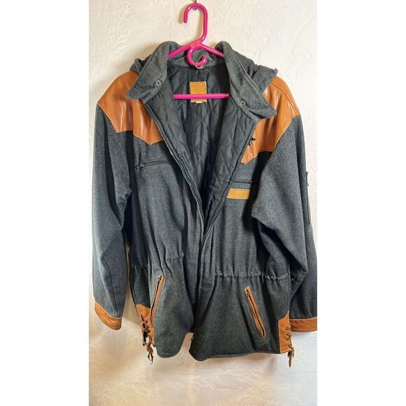 Vintage 90s LEFA Wool Leather Shooting Hunter Jacket Lace Sides Front Gray XL - Picture 2 of 8